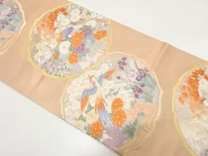 アンティーク　絵皿に尾長鳥・草花模様織り出し袋帯（材料）